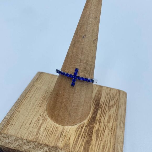 Blue Sapphire Cz Sterling Silver Sideways Cross Ring Size 7 - Picture 5 of 14
